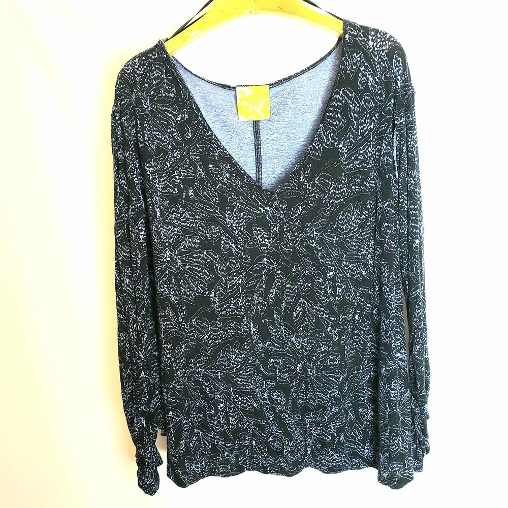 Free People Blue  Pattern Long Sleeve High Low Top
